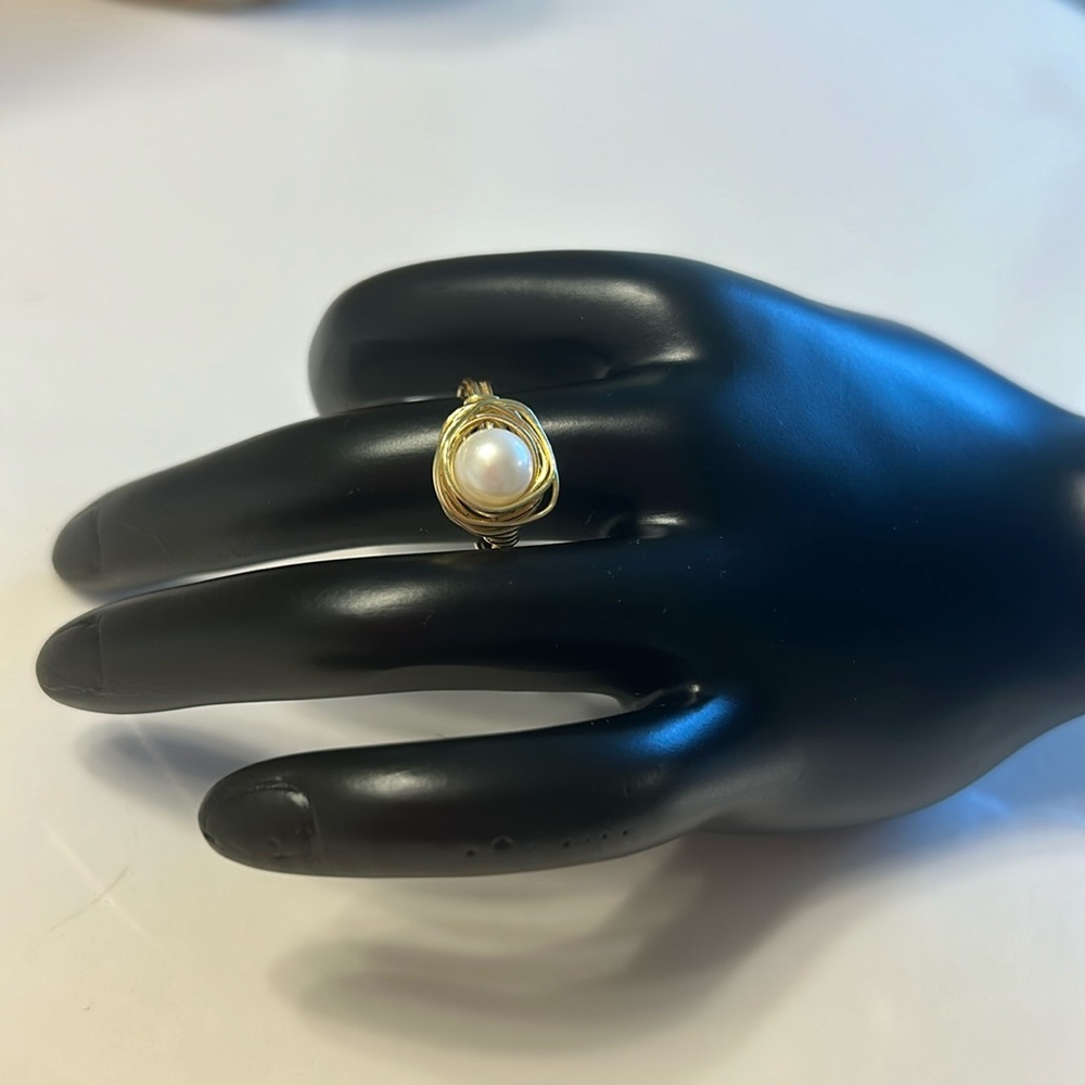 Pearl Ring with Gold Wired Setting Size 7